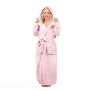 Womens Plush Fleece Long Robe Fluffy Soft Bathrobe with Hood - Size L -Grey